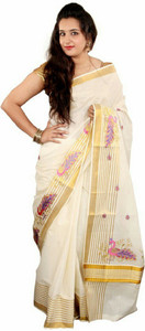 RSV FABRICS Striped Kasavu Cotton Blend Saree