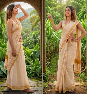 Gugaliya Solid/Plain Kasavu Handloom Art Silk, Cotton Blend Saree