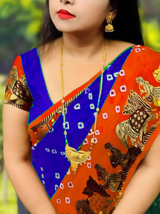 Zoamic Printed Bandhani Crepe, Silk Blend Saree