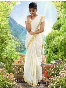 ANTIK Solid/Plain, Woven Kasavu Cotton Silk Saree