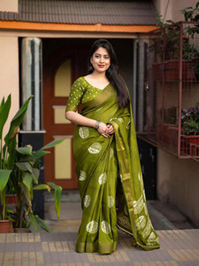 TINA SAREES Blocked Printed, Hand Painted Hand Batik Cotton Silk Saree