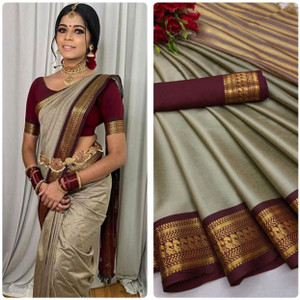OM Fashion Woven, Solid/Plain, Temple Border Banarasi Cotton Silk Saree