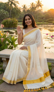 Gugaliya Solid/Plain Kasavu Handloom Pure Cotton Saree