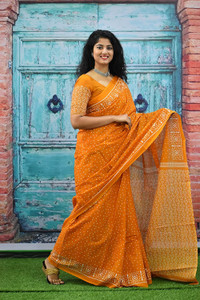 Sanganeri Print Printed, Color Block, Blocked Printed, Floral Print, Dyed Daily Wear Pure Cotton Saree