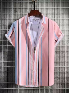 SEVENTEENSTITCH Men Printed, Striped Casual Pink Shirt