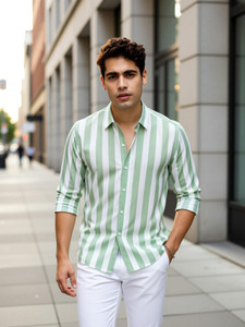 HKV Men Striped Green Casual Shirt - Image 6
