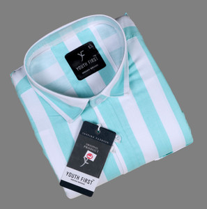 youth first Men Striped Casual Light Blue, White Shirt