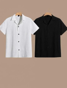 VRLOOKS Men Striped Casual White, Black Shirt