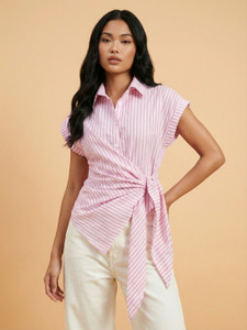 QIOA Women Striped Casual Pink Shirt