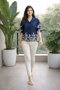 Wiora Women Embroidered Casual Blue, White Shirt