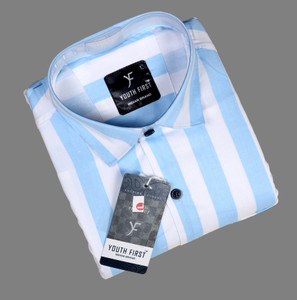 youth first Men Striped Casual White, Light Blue Shirt
