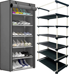 girja 6-Tiers Multipurpose Heavy Plastic Folding Shoe Rack with Wardrobe Cover {Grey} Plastic Shoe Stand