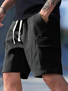 EZCLOTHING Solid, Striped Men Black Casual Shorts