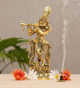 BattlePoint Lord Krishna idol Metal Statue/Murti for Home,Office Temple Pooja,Religious Gift Decorative Showpiece  -  12 cm