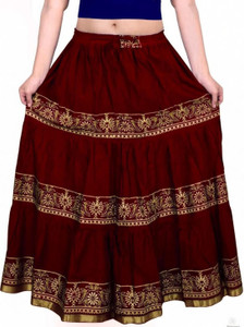 VIKALPS Printed Women Flared Maroon Skirt