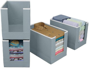 IMCREATIONS 4 Pieces Non Woven Large Capacity Shirt Stacker Cloth Storage Foldable & Stackable Cupboard Wardrobe/Closet Organizer with Handle For T-shirts, Shirts & Clothes