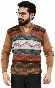 Life and style Printed V Neck Casual Men Beige Sweater