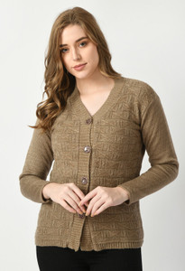 Life and style Self Design V Neck Casual Women Beige Sweater