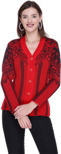 Keshavi Striped V Neck Casual Women Red Sweater