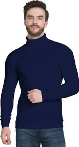 GLAMPANDA Solid Men High Neck Navy Blue T-Shirt