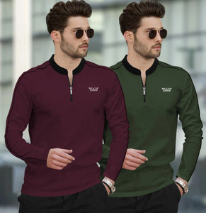 TRIPR Solid Men Mandarin Collar Maroon, Dark Green T-Shirt