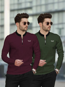 TRIPR Solid Men Mandarin Collar Maroon, Dark Green T-Shirt