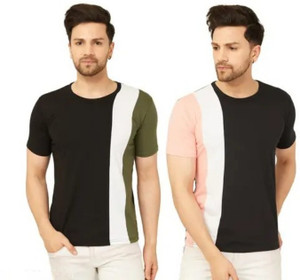 Color Block Men Dark Green, Pink T-Shirt
