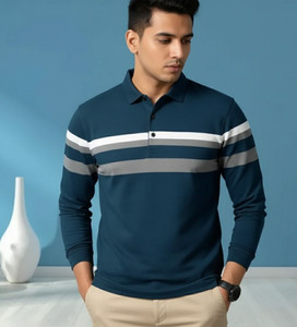 QOWL Colorblock Men Polo Neck Dark Blue T-Shirt
