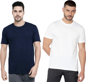 Coolking Solid Men Round Neck White, Dark Blue T-Shirt