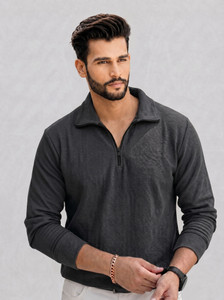 Vance Self Design Men Zip Neck Grey T-Shirt