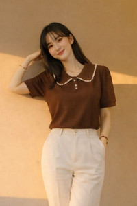 Fortuita Vestibus Solid Women Peter Pan Collar Brown T-Shirt