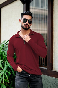 INDICLUB Solid Men Polo Neck Maroon T-Shirt