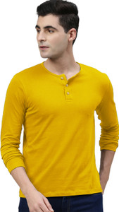 LazyChunks Solid Men Henley Neck Yellow T-Shirt