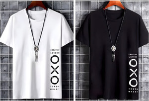 Jaqque Printed Men Round Neck White, Black T-Shirt