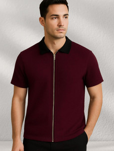AZIZAN Self Design Men Zip Neck Maroon T-Shirt