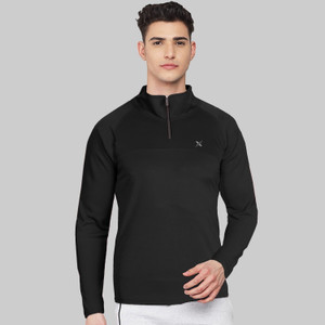 FTX Solid Men Zip Neck Black T-Shirt