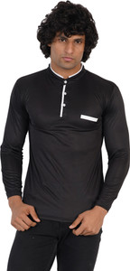 Pachirisu Solid Men Mandarin Collar Black T-Shirt