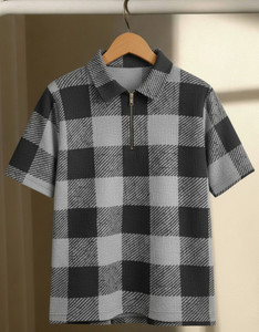 ट्री थीस पुरुषों के लिए ज़िप नेक चेकर्ड सिल्वर, बहुरंगी, काला टी-शर्ट