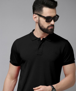 METRONAUT Solid Men Polo Neck Black T-Shirt