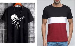 TEE TREE Printed Men Round Neck Black, Maroon T-Shirt