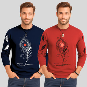 ATLANS Printed Men Round Neck Navy Blue, Red T-Shirt