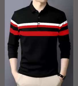 FAOES Striped Men Polo Neck Black T-Shirt