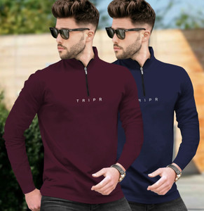 TRIPR Solid Men Henley Neck Maroon, Navy Blue T-Shirt