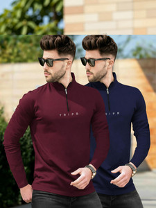 TRIPR Solid Men Henley Neck Maroon, Navy Blue T-Shirt