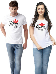 ATHLETIQO Printed Couple Round Neck White T-Shirt