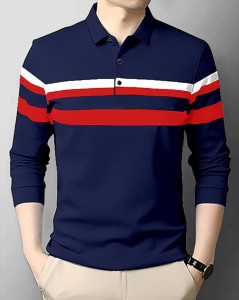 FAOES Striped Men Polo Neck Navy Blue T-Shirt