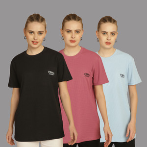 MACK JONNEY Solid Women Round Neck Multicolor T-Shirt