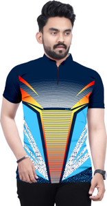 धारी पुरुषों के लिए मैन्डरिन कॉलर स्पोर्टी नेवी ब्लू टी-शर्ट