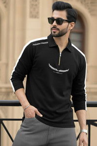 TRIPR Printed Men Polo Neck Black, White T-Shirt