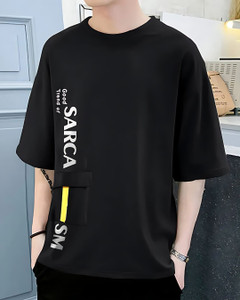 Autna Self Design Men V Neck Black T-Shirt